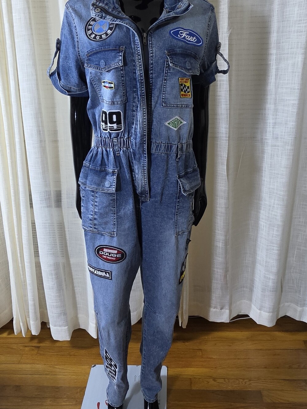 Patchwork Blue Denim Overalls Jumpsuit Size L